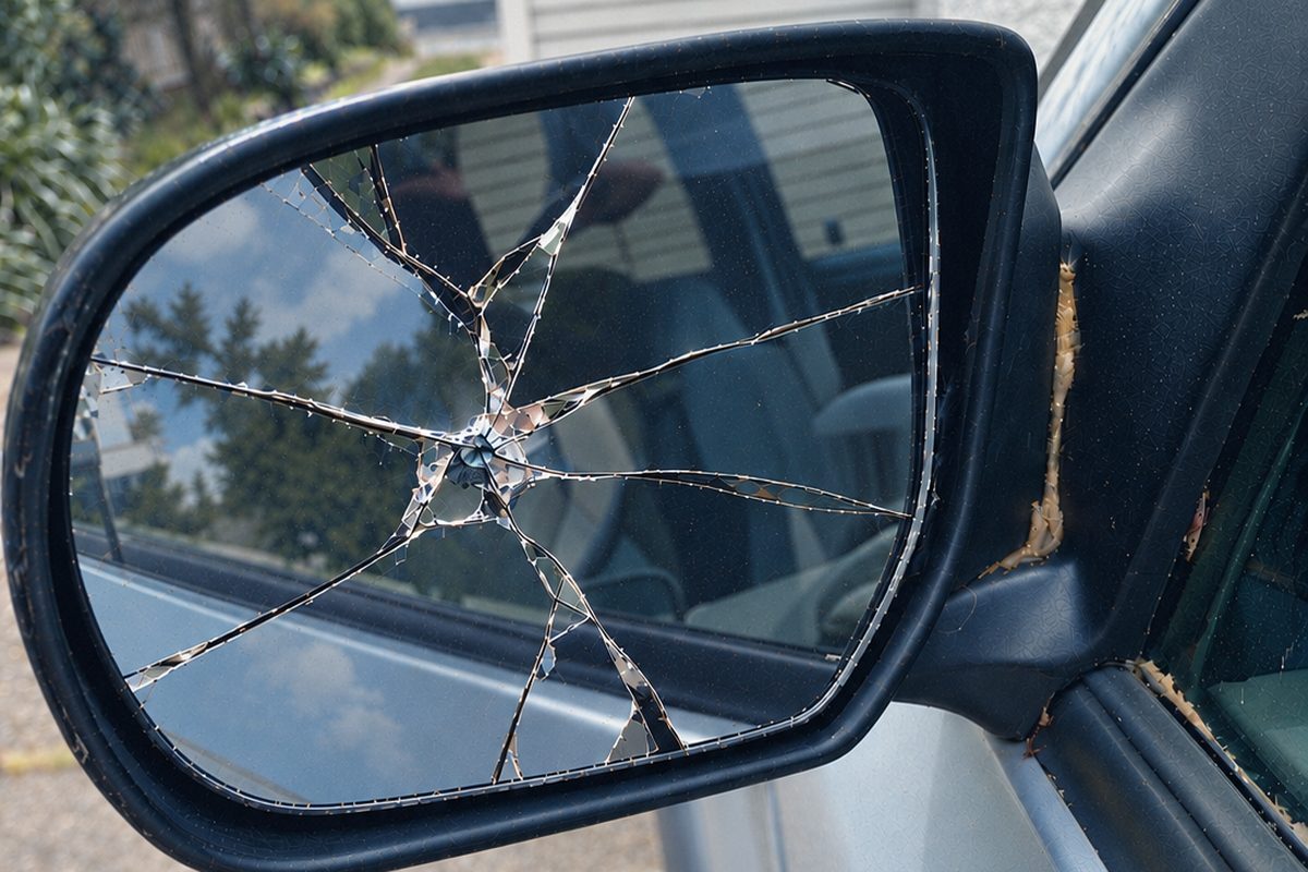 Cracked side mirror glass on a silver car