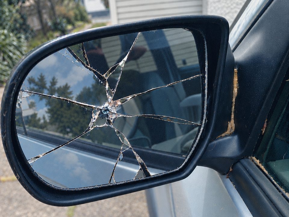 Cracked side mirror glass on a silver car