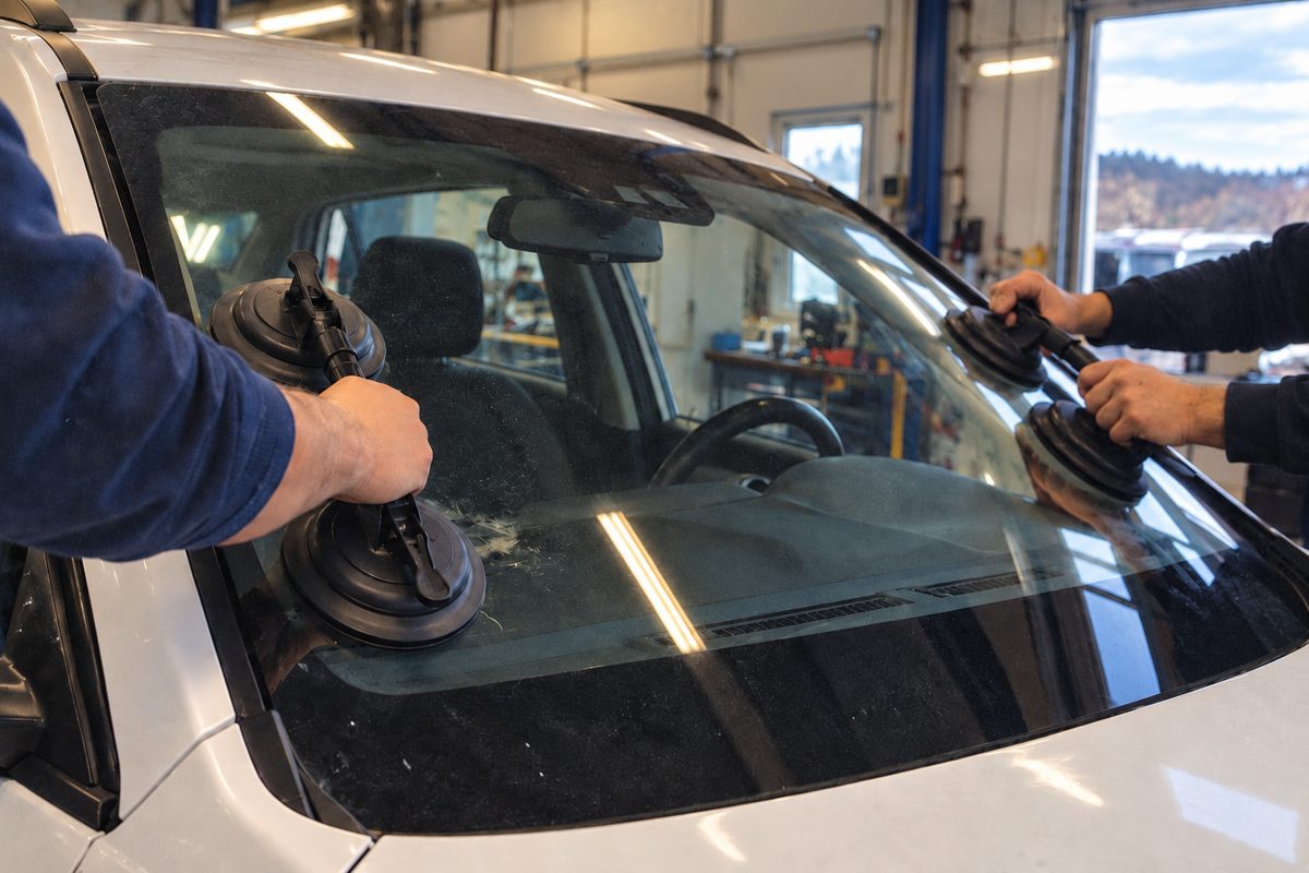 Two technicians fitting a replacement windscreen with suction cup lifters