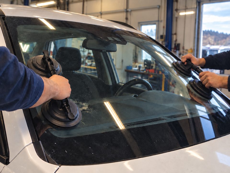 Two technicians fitting a replacement windscreen with suction cup lifters